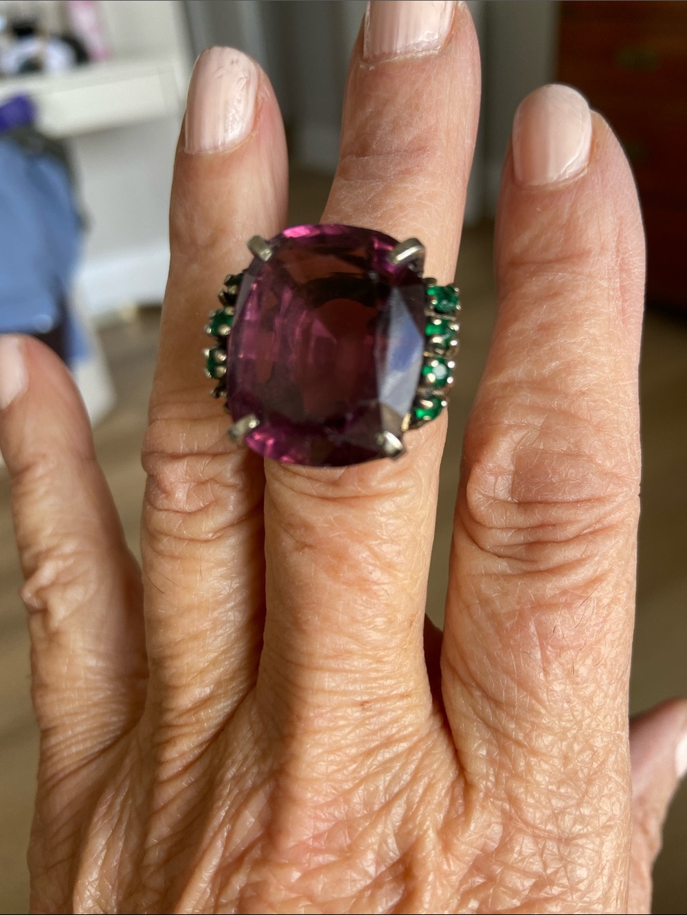 Purple Gemstone Cocktail Ring with Green Accent Stones